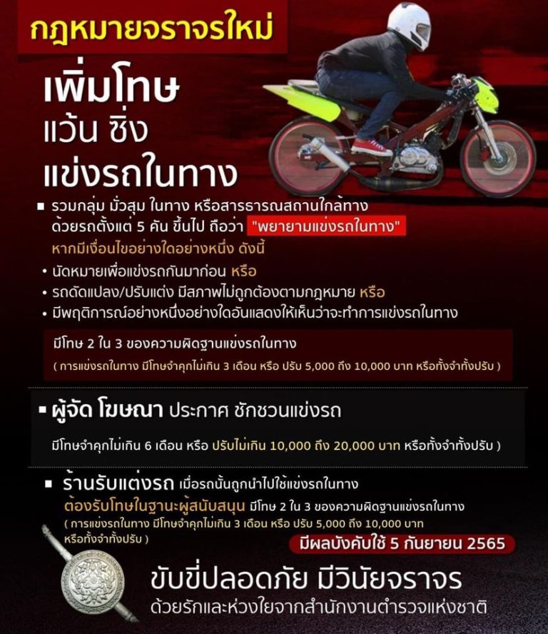 ประชาสัมพันธ์ กฎหมายใหม่ เกี่ยวกับการแข่งรถฯ