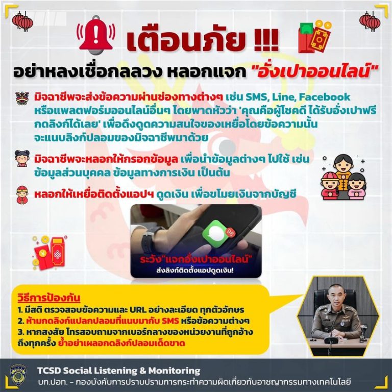 เตือนภัย อย่าหลงเชื่อกลลวง หลอกแจก “อังเปาออนไลน์”
